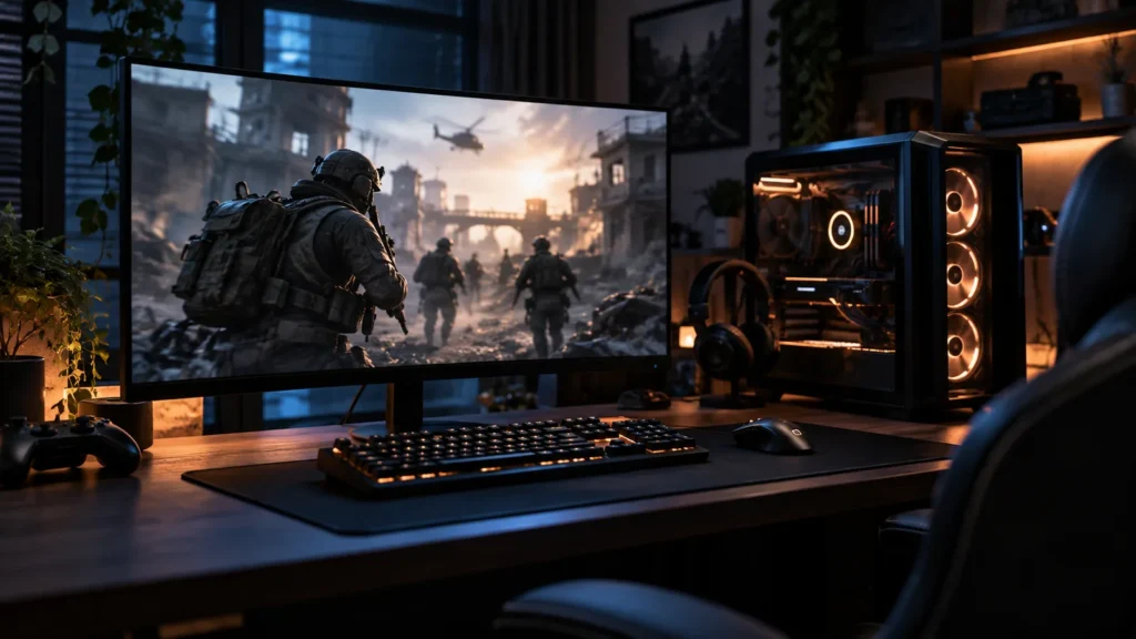 Gaming PC setup with a generic tactical game scene on the monitor.