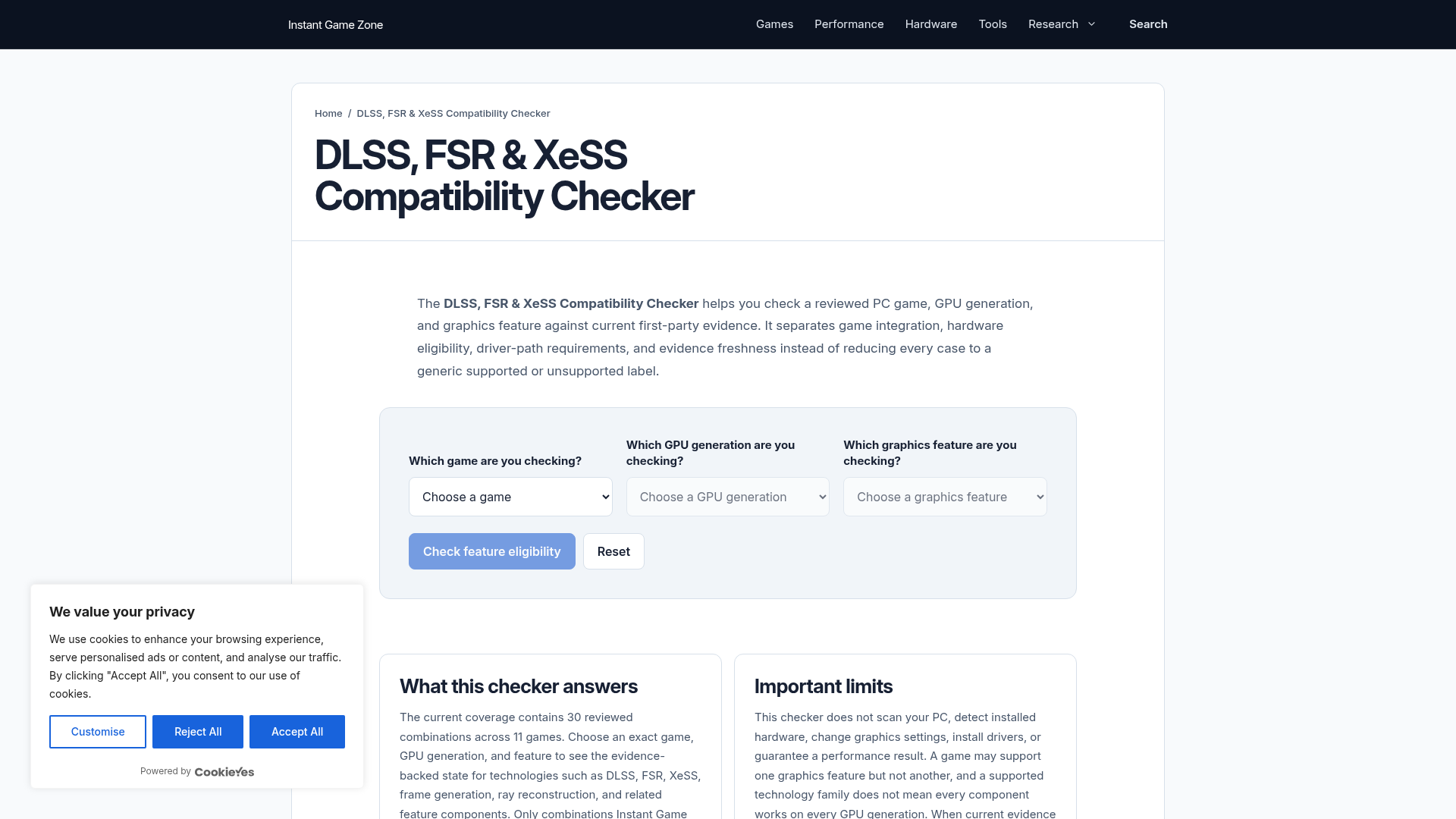 DLSS, FSR and XeSS Compatibility Checker interface