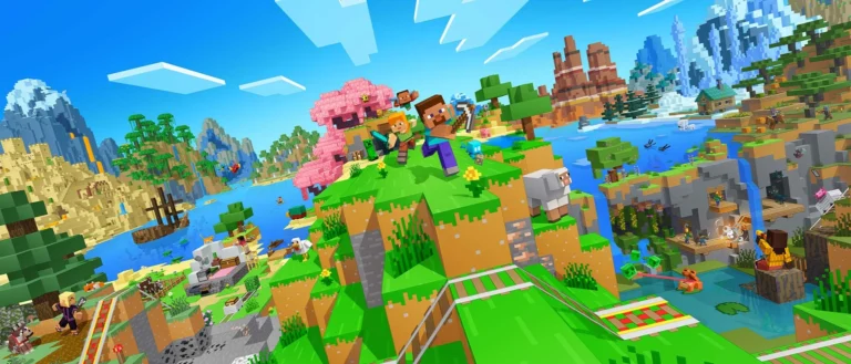 Steve and Alex running across a grassy Minecraft hill, with animals, mountains, water and minecart tracks.