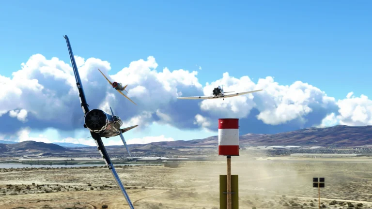 Three racing aircraft bank past an air-racing pylon in Microsoft Flight Simulator 2024.