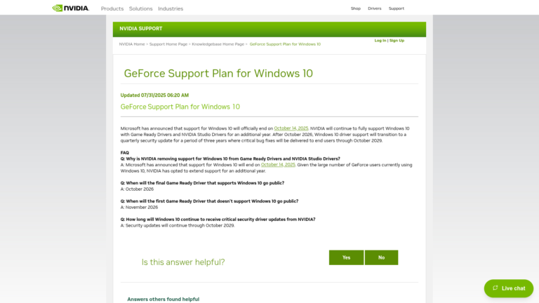 NVIDIA support page showing the GeForce Windows 10 driver support plan